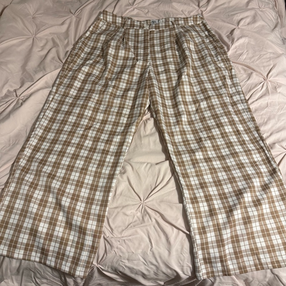Princess Polly Brown and White Plaid Wide-Leg Trousers